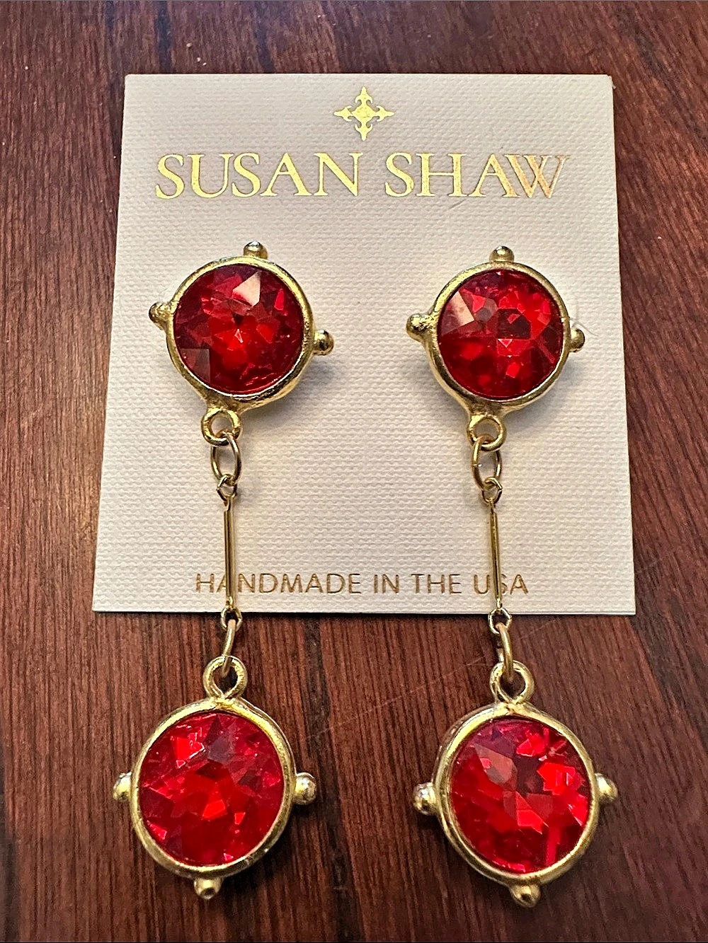 Susan Shaw Red & Gold Statement Drop Earrings NWT